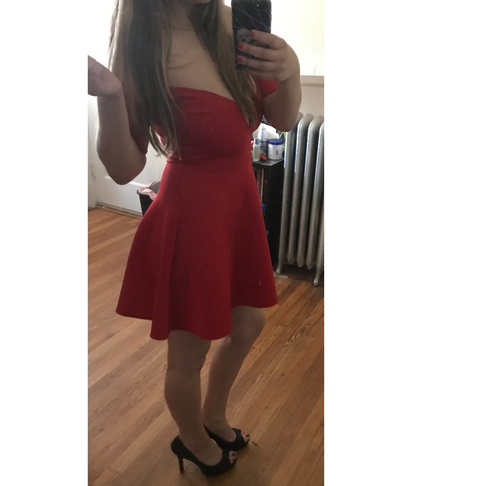 Red Skater Dress w/ Off-Shoulder Sleeves - Size S
